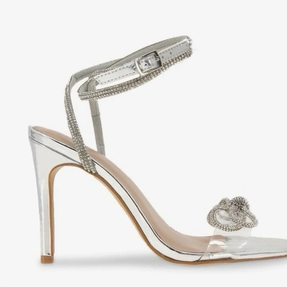 BCBGENERATION Rhinestones Crystal Bow Silver Clear Stiletto Heel Ankle Sandal 10